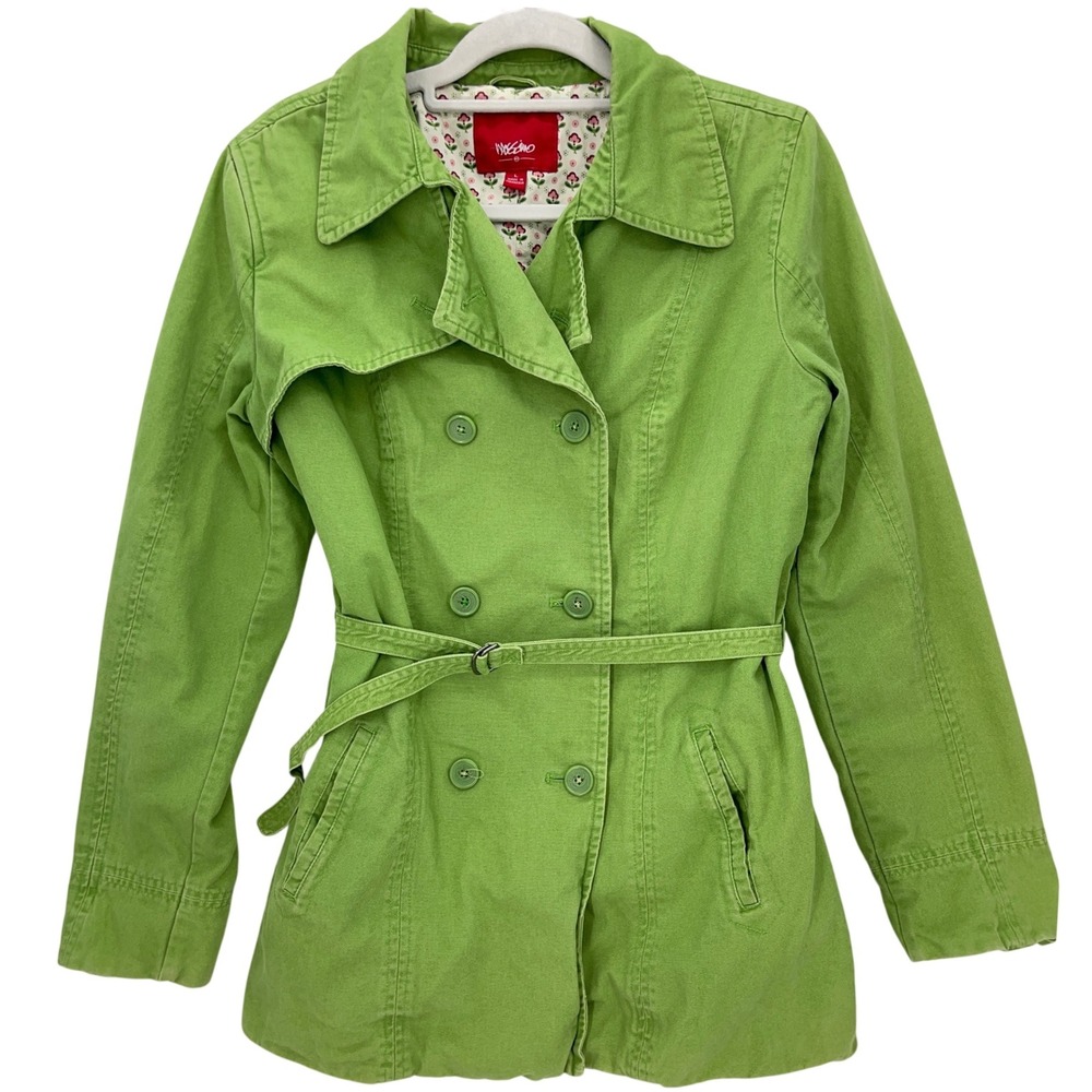 Mossimo Green Trench Coat L Double Breasted Belted Floral Lined Cotton Jacket